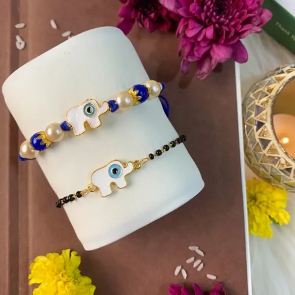 Elephant_Shape_Enamel_Bhaiya_Bhabhi_Lumba_Mangalsutra_Bracelet_&_Rakhi_With_Roli_Chawal_&_Card