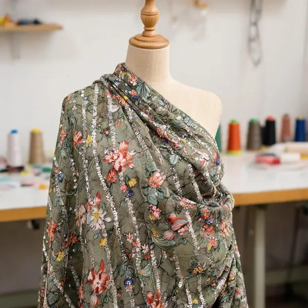 Olive_Green_Chinon_Silk_Fabrics_For_Women