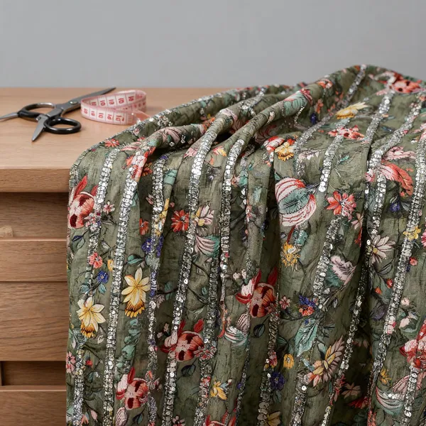 Olive_Green_Chinon_Silk_Fabrics_For_Women