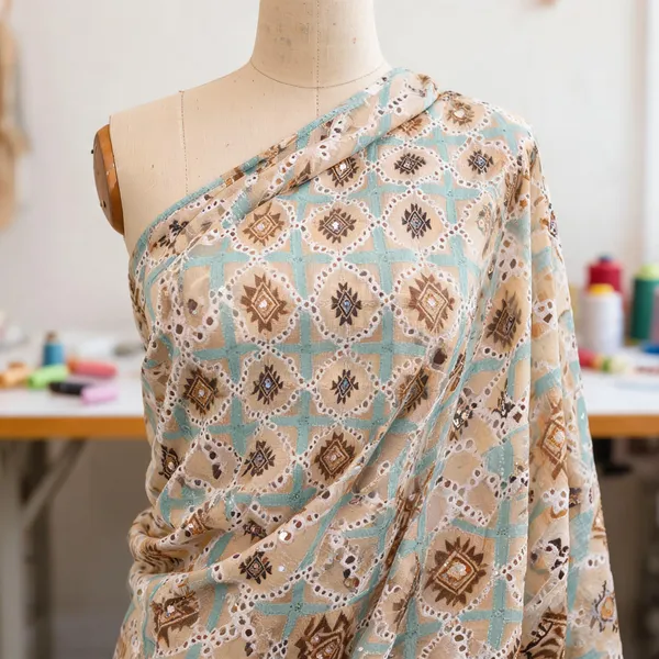Beige_And_Teal_Georgette_Fabrics_For_Women