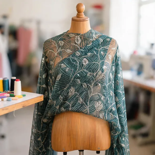 Teal_Blue_Organza_Fabrics_For_Women