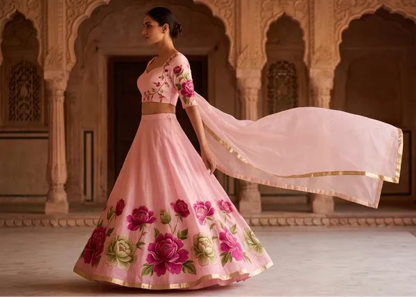 The_Gulabi_Bagh_Handpainted_Organza_Lehenga_Set