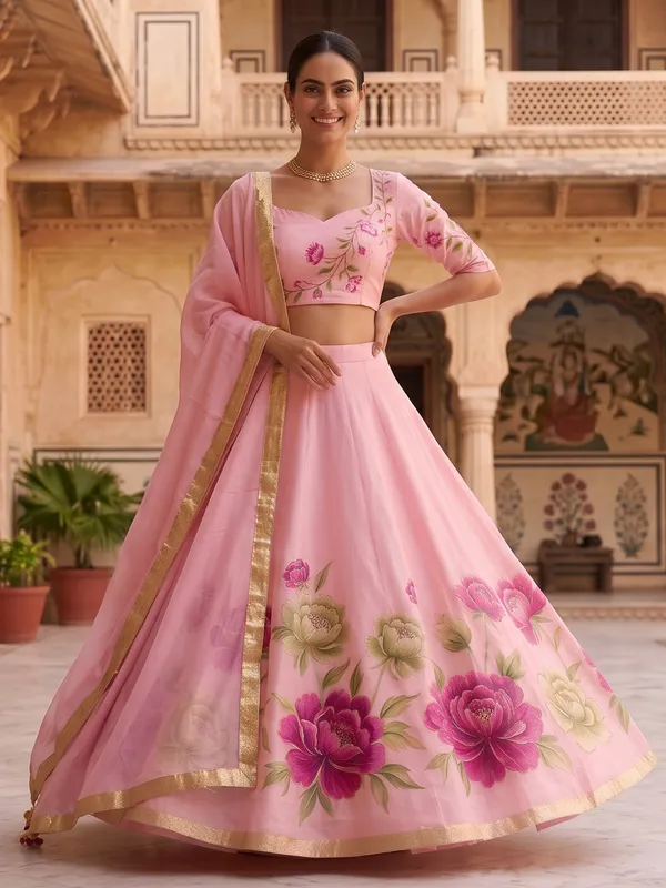 The_Gulabi_Bagh_Handpainted_Organza_Lehenga_Set