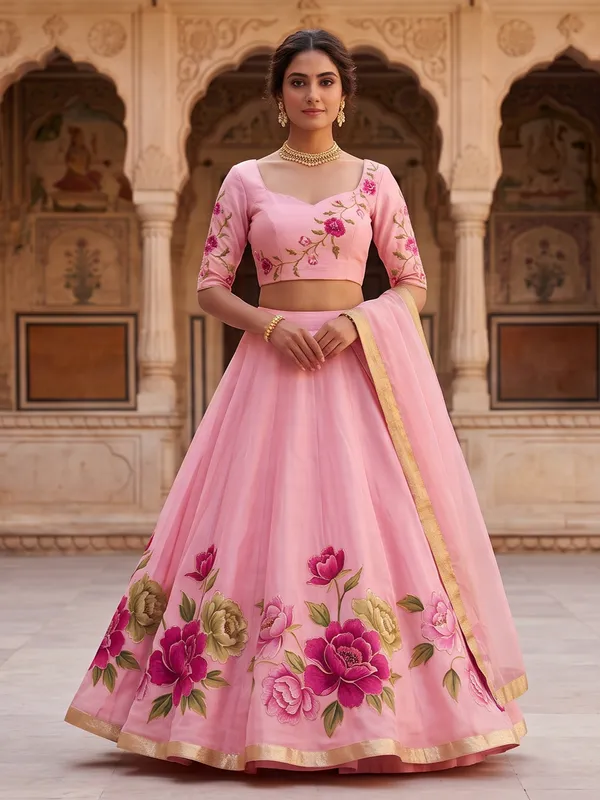 The_Gulabi_Bagh_Handpainted_Organza_Lehenga_Set