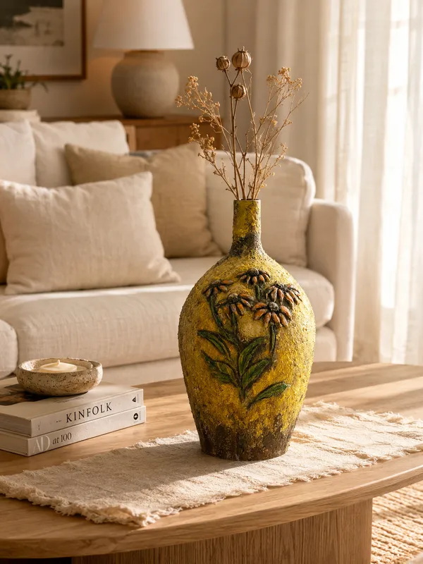 Hand-Painted_Terracotta_Rustic_Yellow_Floral_Bottle_Decorative_Vase