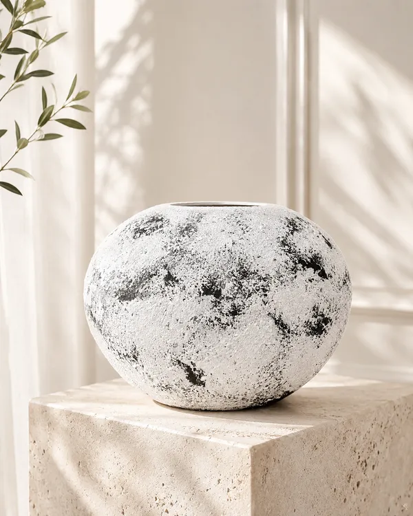 Hand-Painted_Terracotta_Rustic_White_Black_Textured_Round_Decorative_Vase