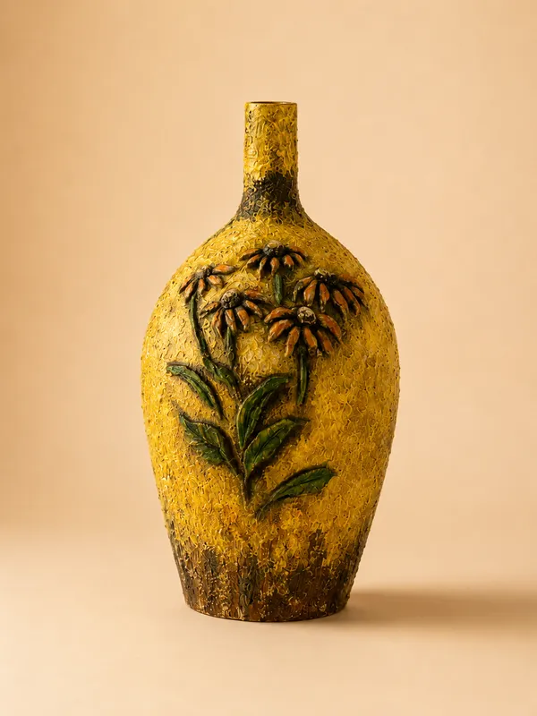 Hand-Painted_Terracotta_Rustic_Yellow_Floral_Bottle_Decorative_Vase