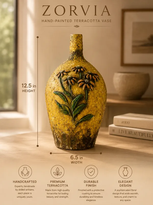Hand-Painted_Terracotta_Rustic_Yellow_Floral_Bottle_Decorative_Vase