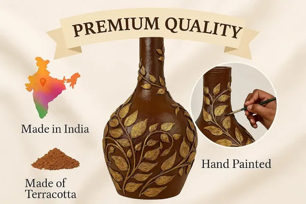 Hand-Painted_Terracotta_Artisan_Brown_Gold_Embossed_Leaf_Decorative_Vase