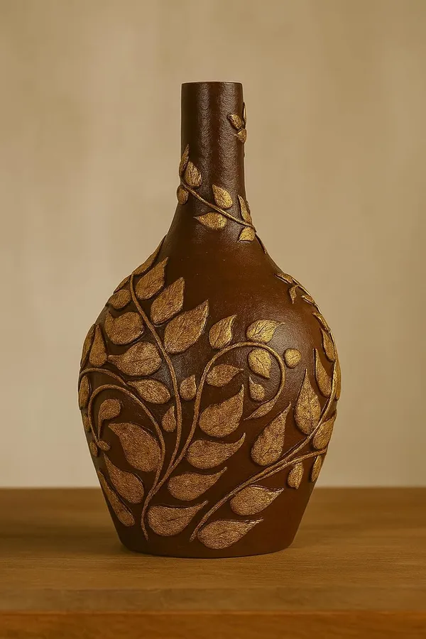Hand-Painted_Terracotta_Artisan_Brown_Gold_Embossed_Leaf_Decorative_Vase