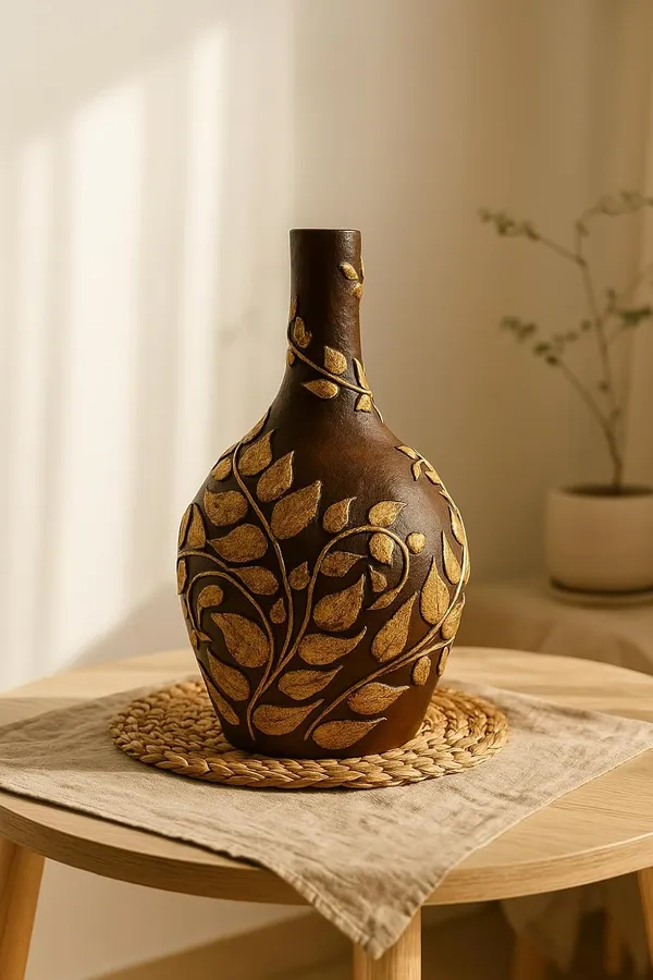 Hand-Painted_Terracotta_Artisan_Brown_Gold_Embossed_Leaf_Decorative_Vase
