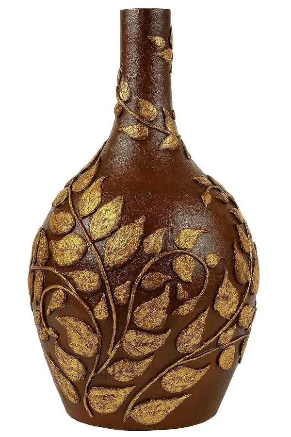 Hand-Painted_Terracotta_Artisan_Brown_Gold_Embossed_Leaf_Decorative_Vase