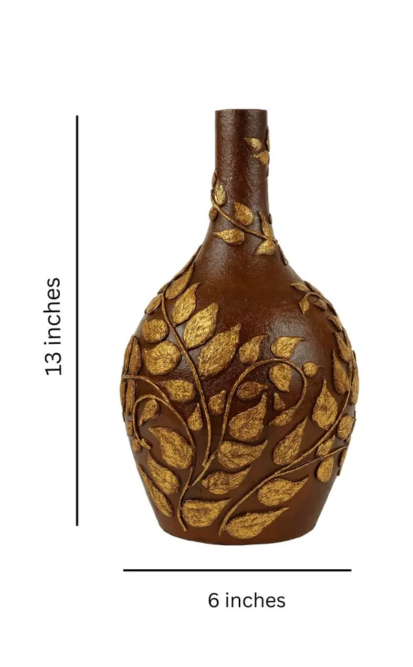 Hand-Painted_Terracotta_Artisan_Brown_Gold_Embossed_Leaf_Decorative_Vase