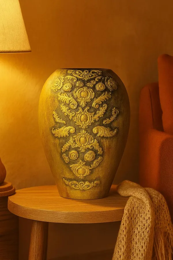 Hand-Painted_Terracotta_Artisan_Golden_Embossed_Floral_Decorative_Vase