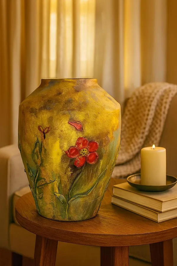 Hand-Painted_Terracotta_Gold_Leaf_Floral_Decorative_Vase