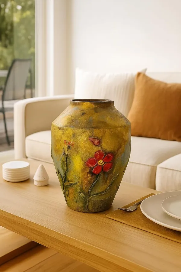 Hand-Painted_Terracotta_Gold_Leaf_Floral_Decorative_Vase