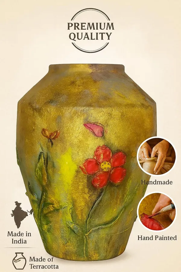 Hand-Painted_Terracotta_Gold_Leaf_Floral_Decorative_Vase