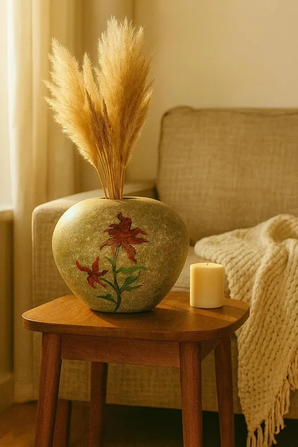 Hand-Painted_Terracotta_Grey_Circular_Textured_Floral_Decorative_Vase