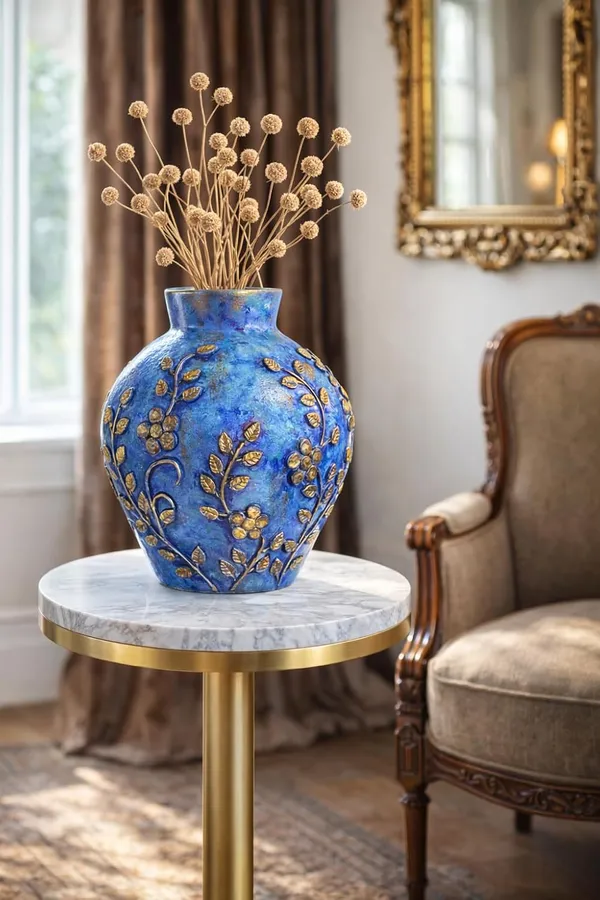 Hand-Painted_Terracotta_Artisan_Blue_Gold_Floral_Motif_Decorative_Vase