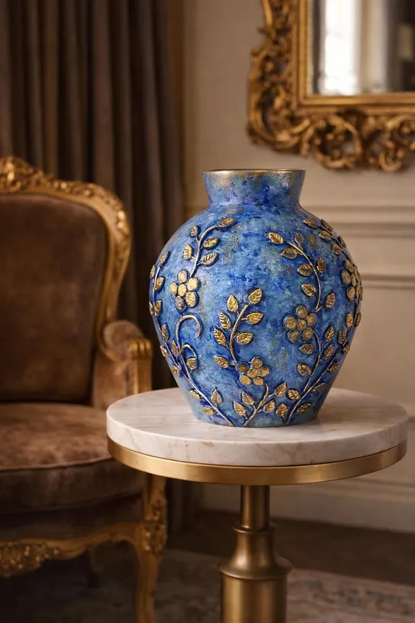 Hand-Painted_Terracotta_Artisan_Blue_Gold_Floral_Motif_Decorative_Vase