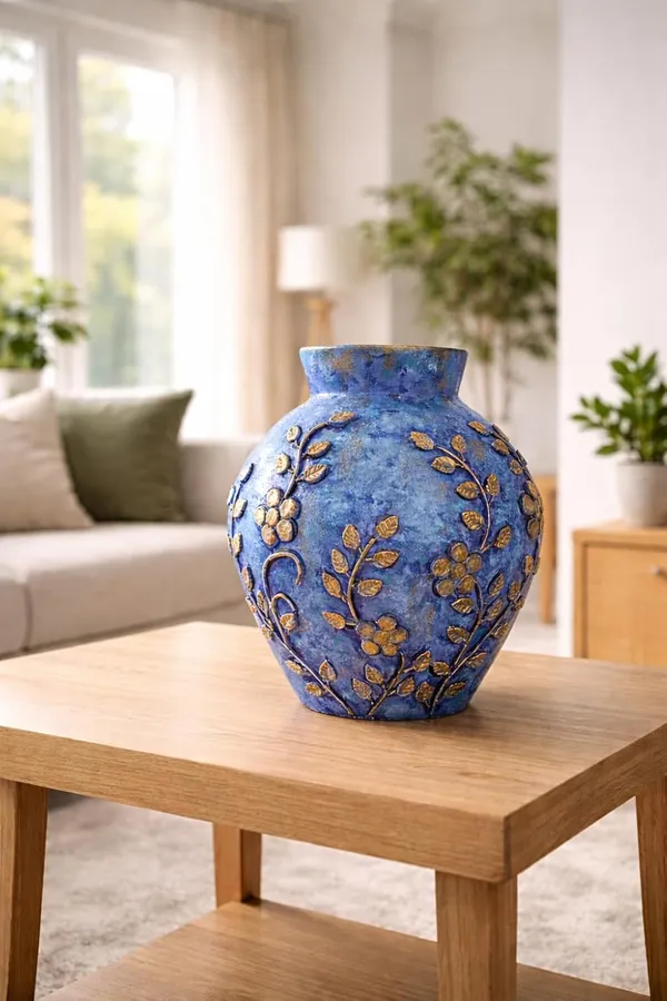 Hand-Painted_Terracotta_Artisan_Blue_Gold_Floral_Motif_Decorative_Vase