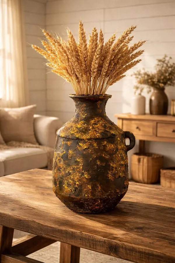 Hand-Painted_Terracotta_Rustic_Boho_Dark_Brown_Gold_Accent_Decorative_Vase