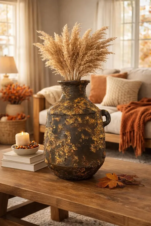 Hand-Painted_Terracotta_Rustic_Boho_Dark_Brown_Gold_Accent_Decorative_Vase