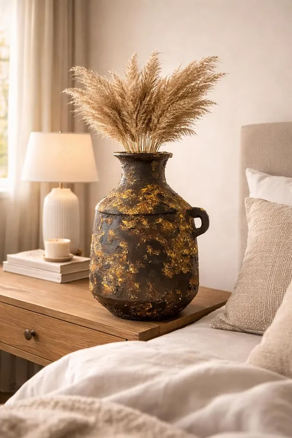 Hand-Painted_Terracotta_Rustic_Boho_Dark_Brown_Gold_Accent_Decorative_Vase