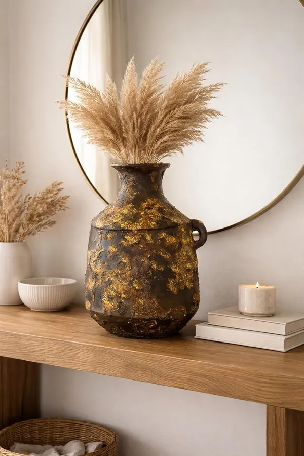 Hand-Painted_Terracotta_Rustic_Boho_Dark_Brown_Gold_Accent_Decorative_Vase