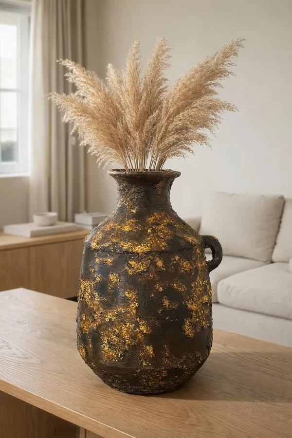 Hand-Painted_Terracotta_Rustic_Boho_Dark_Brown_Gold_Accent_Decorative_Vase