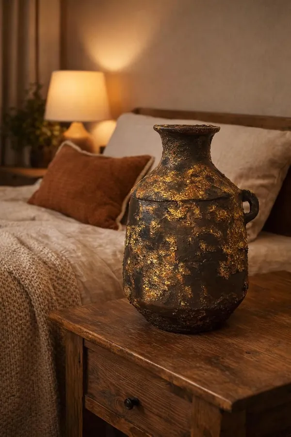 Hand-Painted_Terracotta_Rustic_Boho_Dark_Brown_Gold_Accent_Decorative_Vase