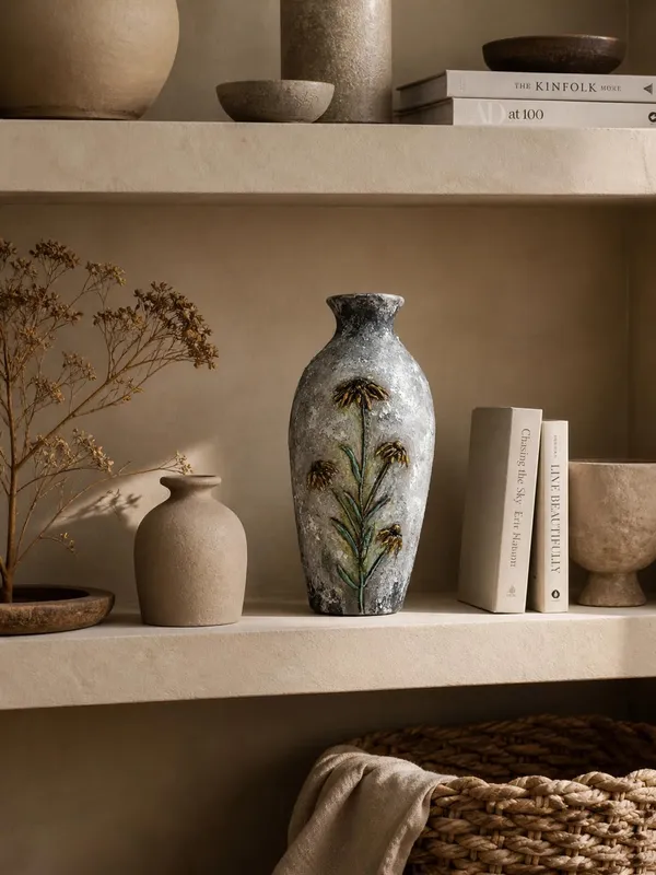Hand-Painted_Terracotta_Artisan_Grey_Raised_Floral_Motif_Decorative_Vase