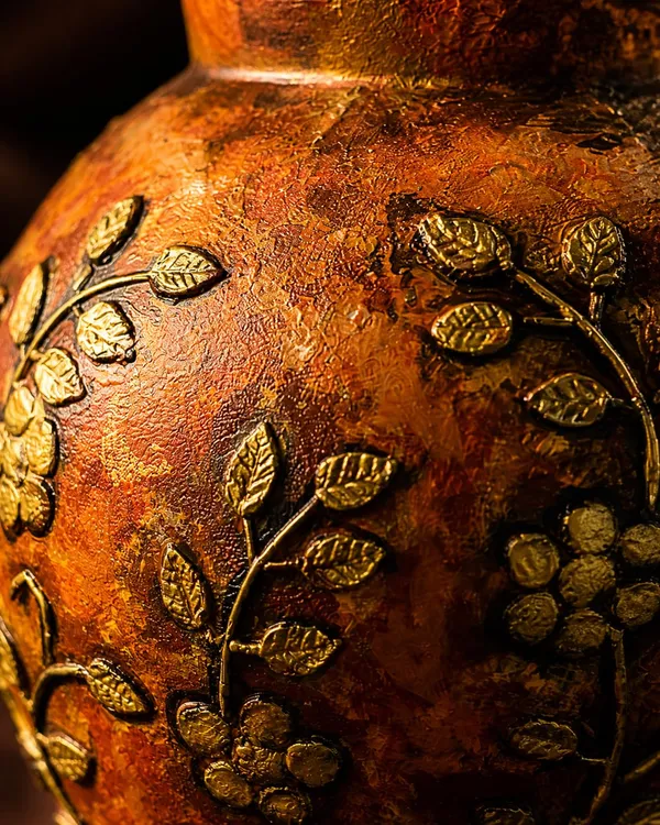 Hand-Painted_Terracotta_Artisan_Rust_Orange_Gold_Embossed_Floral_Decorative_Vase