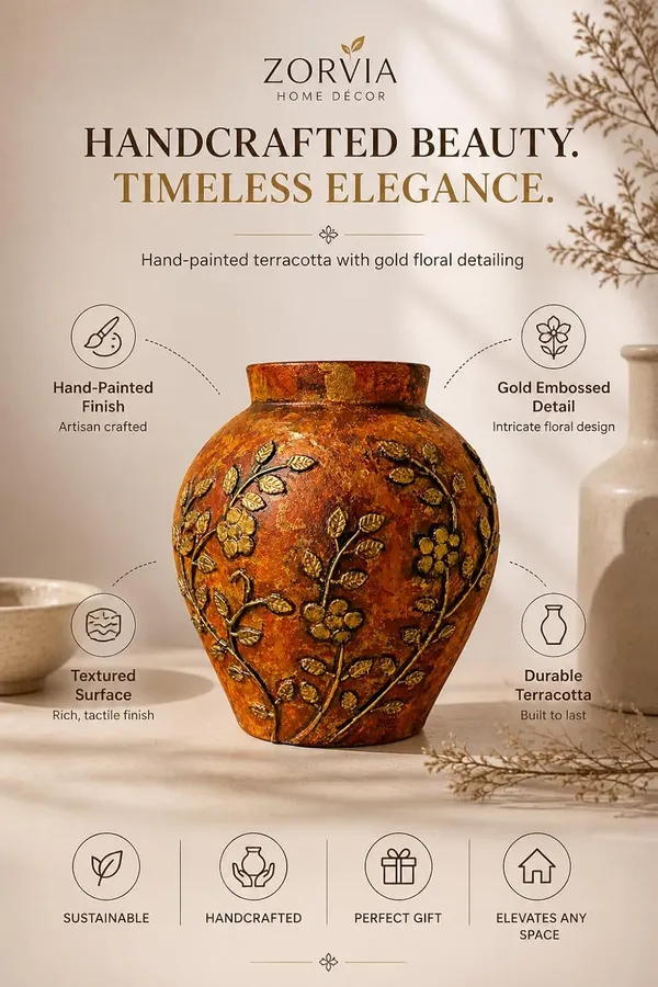 Hand-Painted_Terracotta_Artisan_Rust_Orange_Gold_Embossed_Floral_Decorative_Vase