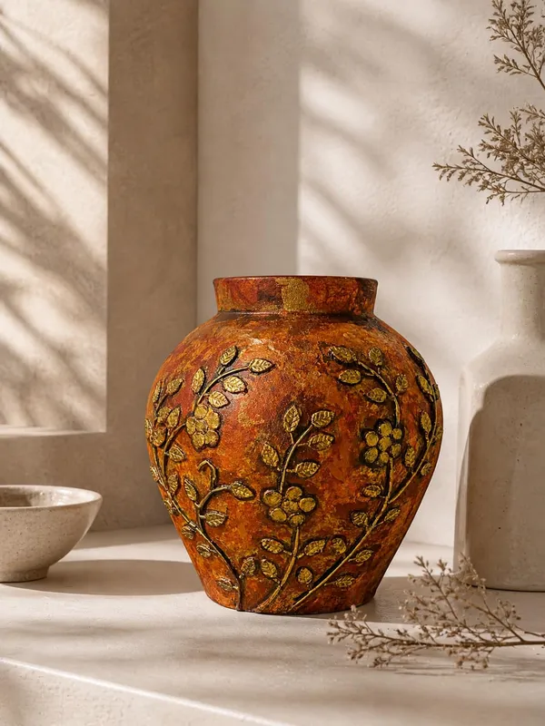 Hand-Painted_Terracotta_Artisan_Rust_Orange_Gold_Embossed_Floral_Decorative_Vase