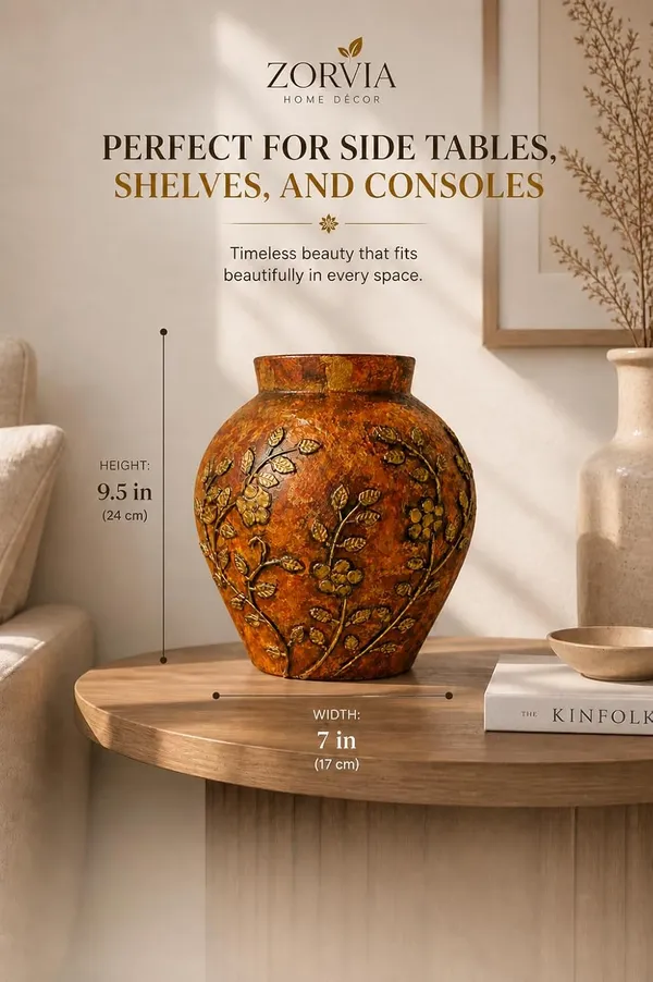 Hand-Painted_Terracotta_Artisan_Rust_Orange_Gold_Embossed_Floral_Decorative_Vase