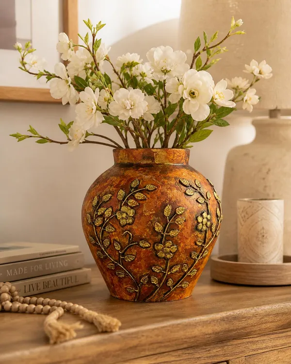 Hand-Painted_Terracotta_Artisan_Rust_Orange_Gold_Embossed_Floral_Decorative_Vase