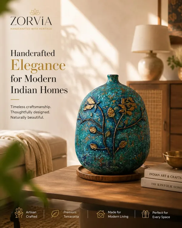 Hand-Painted_Terracotta_Artisan_Turquoise_Blue_Wildflower_Hand-Painted_Decorative_Vase