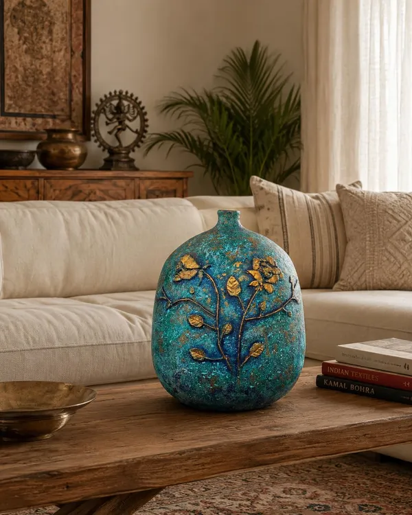 Hand-Painted_Terracotta_Artisan_Turquoise_Blue_Wildflower_Hand-Painted_Decorative_Vase