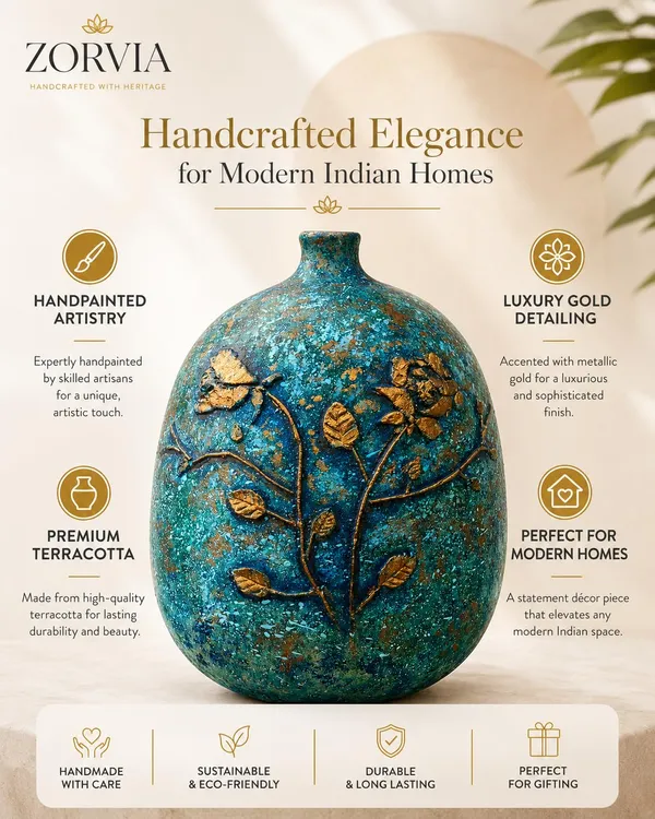 Hand-Painted_Terracotta_Artisan_Turquoise_Blue_Wildflower_Hand-Painted_Decorative_Vase
