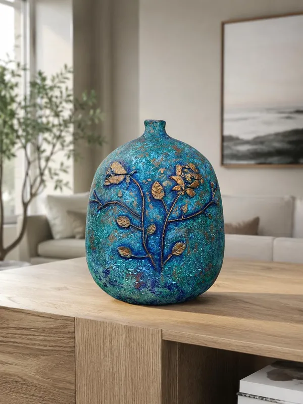 Hand-Painted_Terracotta_Artisan_Turquoise_Blue_Wildflower_Hand-Painted_Decorative_Vase