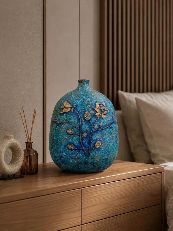 Hand-Painted_Terracotta_Artisan_Turquoise_Blue_Wildflower_Hand-Painted_Decorative_Vase