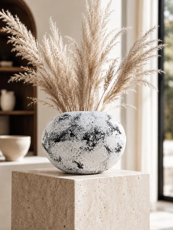 Hand-Painted_Terracotta_Rustic_White_Black_Textured_Round_Decorative_Vase