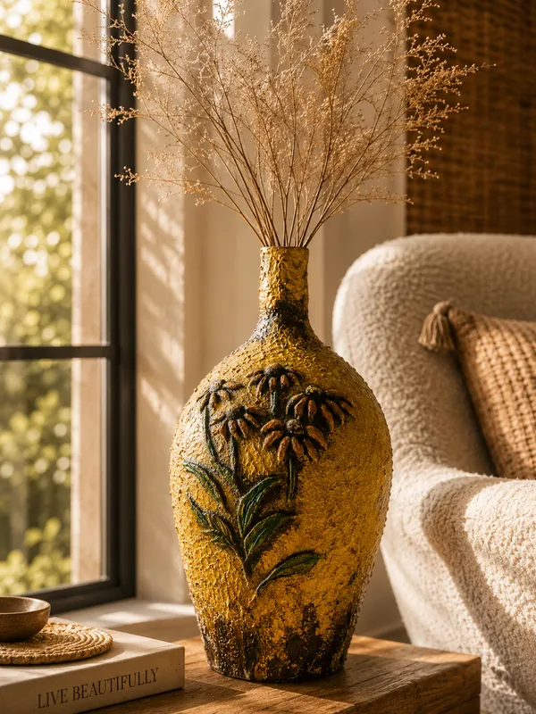 Hand-Painted_Terracotta_Rustic_Yellow_Floral_Bottle_Decorative_Vase