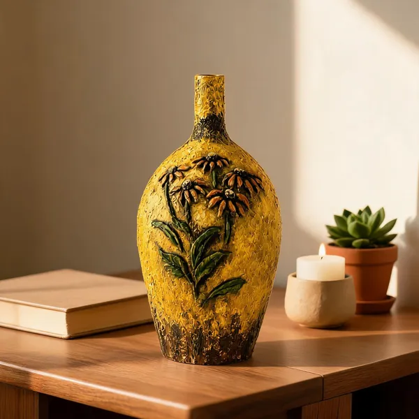 Hand-Painted_Terracotta_Rustic_Yellow_Floral_Bottle_Decorative_Vase