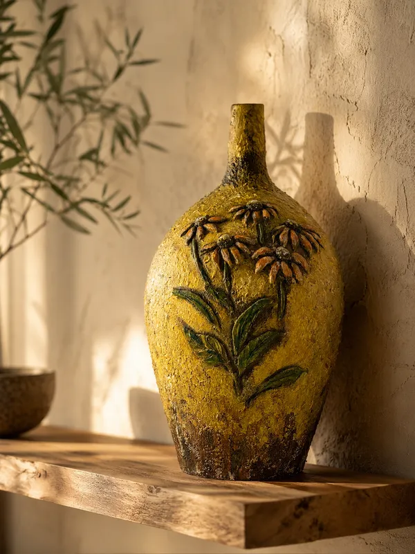 Hand-Painted_Terracotta_Rustic_Yellow_Floral_Bottle_Decorative_Vase