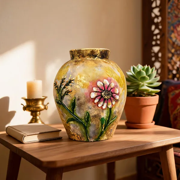 Hand-Painted_Terracotta_Antique_Gold_Textured_Floral_Decorative_Vase