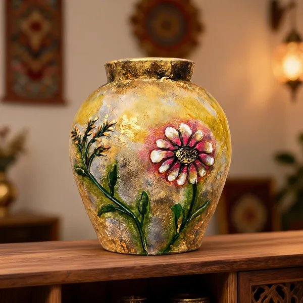 Hand-Painted_Terracotta_Antique_Gold_Textured_Floral_Decorative_Vase
