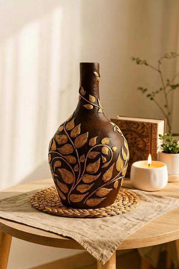 Hand-Painted_Terracotta_Artisan_Brown_Gold_Embossed_Leaf_Decorative_Vase