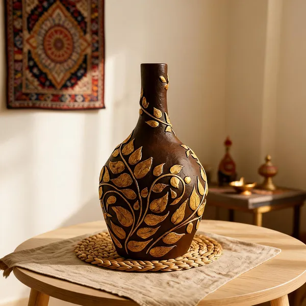 Hand-Painted_Terracotta_Artisan_Brown_Gold_Embossed_Leaf_Decorative_Vase